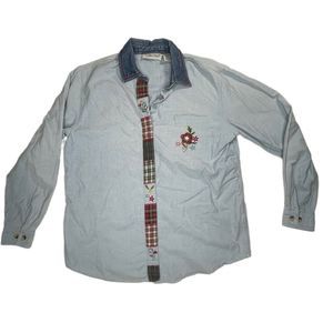 Vintage Cabin Creek Denim Button Up Womens Medium Embroidered Plaid Floral